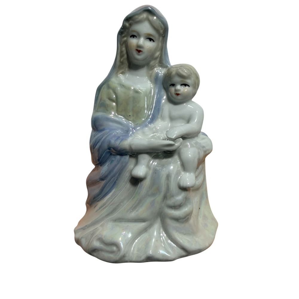 Vintage Iridescent Porcelain Virgin Mary and Child Figurine Madonna Jesus Statue